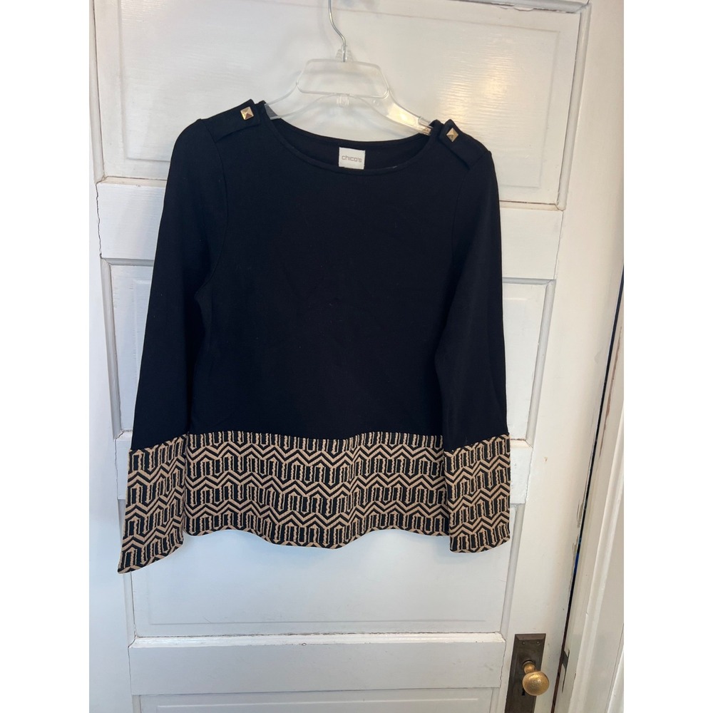 Chico's Black Top with Tan & Black Trim Long Sleeve Scoop Neck Sz 0 (4-6) Rayon